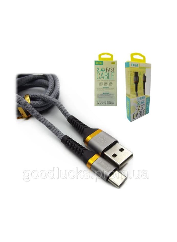Ivon Kx2106 Type-c Fast Charger & Data Sync Wire Nylon Braid,1.2M - Gray