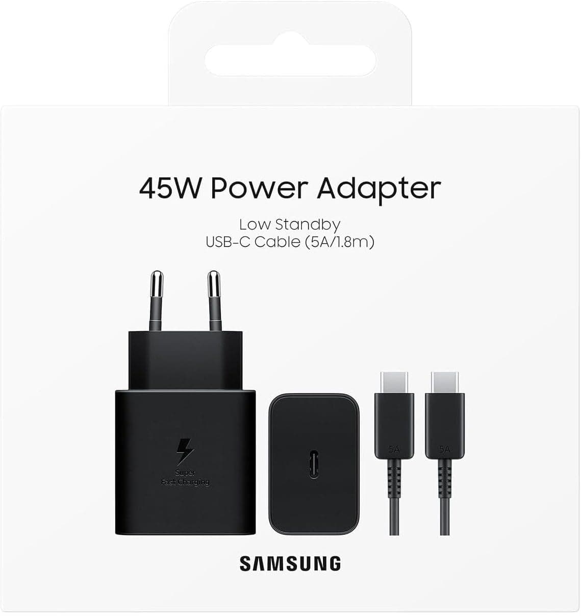 Samsung Compact Charger, 45W with Double-Ended Type-C Cable, 1.8m Length - Black