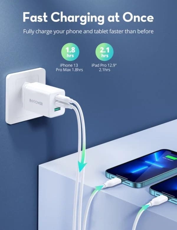 RavPower PD Pioneer Type-A + 2 Type-C Wall Charger 65 Watt, 3 Ports, White - RP-PC172