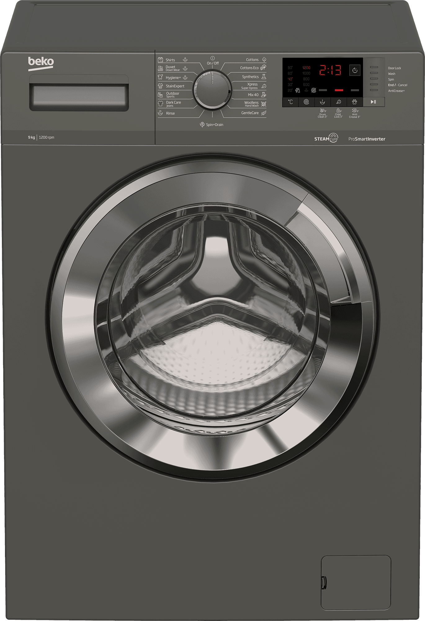 غسالة فول اوتوماتيك بيكو، 9 كيلو، 1200 لفة، شاشة ديجيتال، باب كبير، WTX 91232 XMCI2 - رمادي داكن