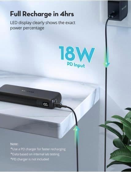 RAVPower Power Bank 15000mAh 30W 2-Port Portable Charger USB-C, RP-PB203 - Black