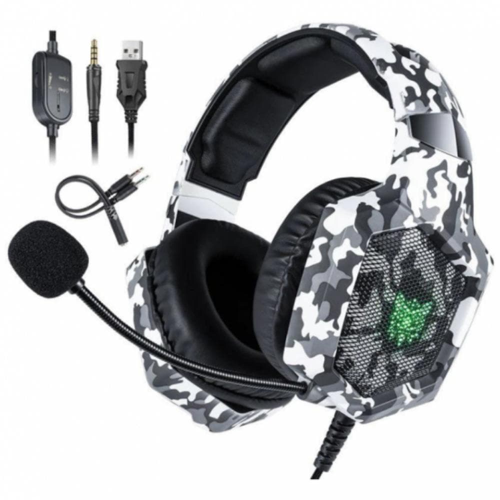Onikuma K8 Wired Stereo Gaming Headphones With Mic LED Lights - White Grey