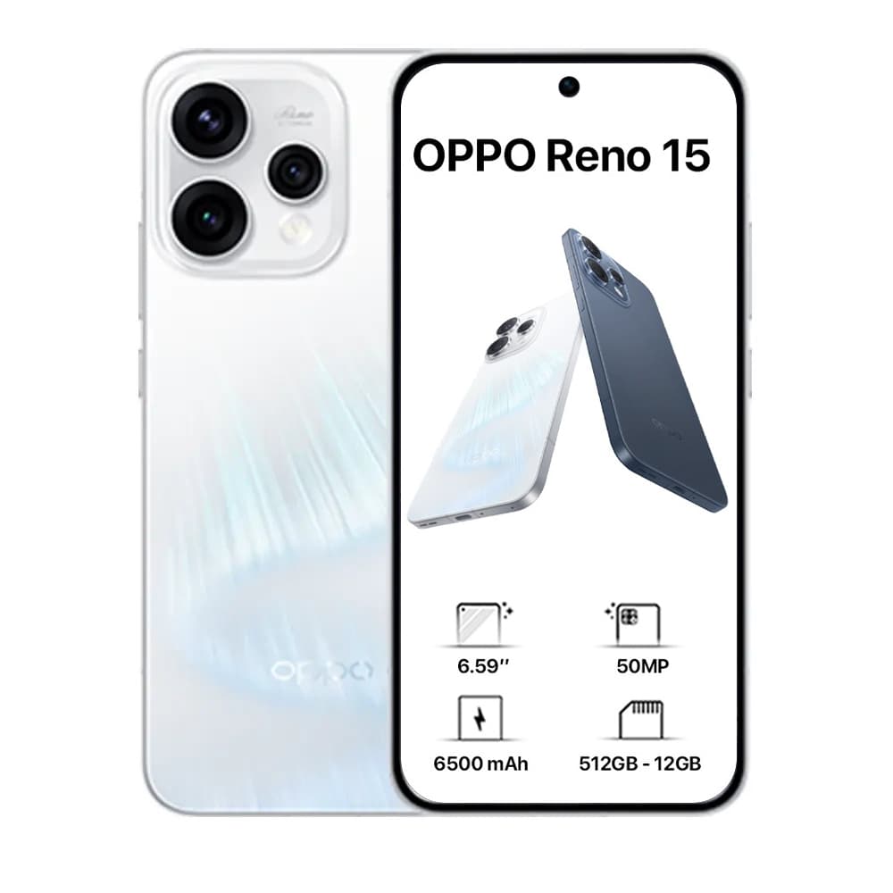 أوبو رينو 15 ثنائي الشريحة، 512 جيجابايت، 12 جيجابايت، 5G - ابيض، بسماعة مجانية اوبو بادز انكو 3