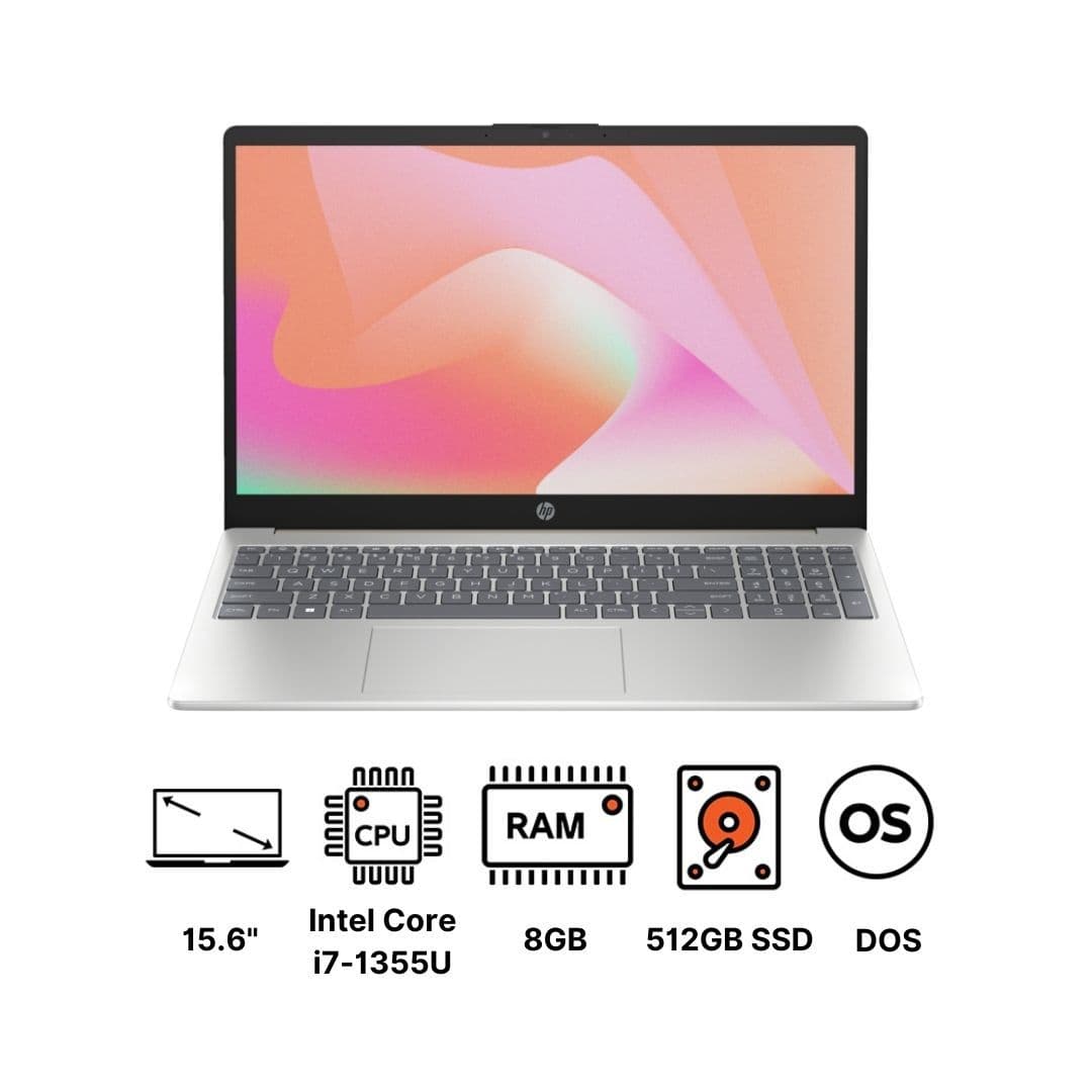 HP 15-fd0343nia Laptop, i7-1355U Processor, 8GB RAM, 512GB SSD, Intel® Iris® Xᵉ Graphics, 15.6" FHD Display, DOS - Gold Silver