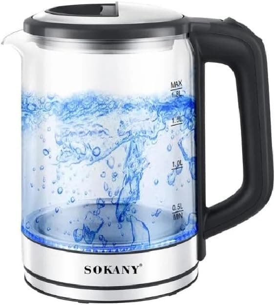 Sokany 1.8L Glass Electric Kettle, 1500W, Silver - Model SK-09012