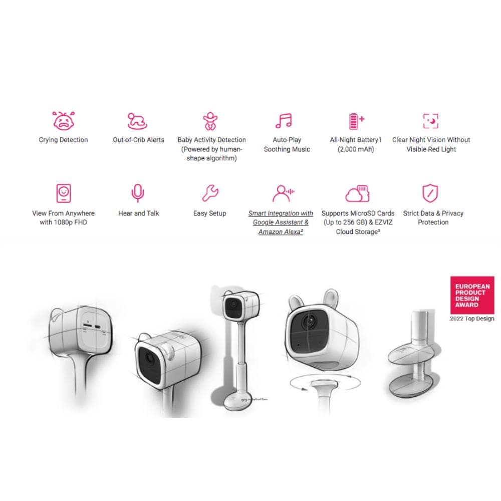Ezviz BM1 Baby Monitor Battery Powered Wi-Fi Indoor Security Camera, 2MP - Pink