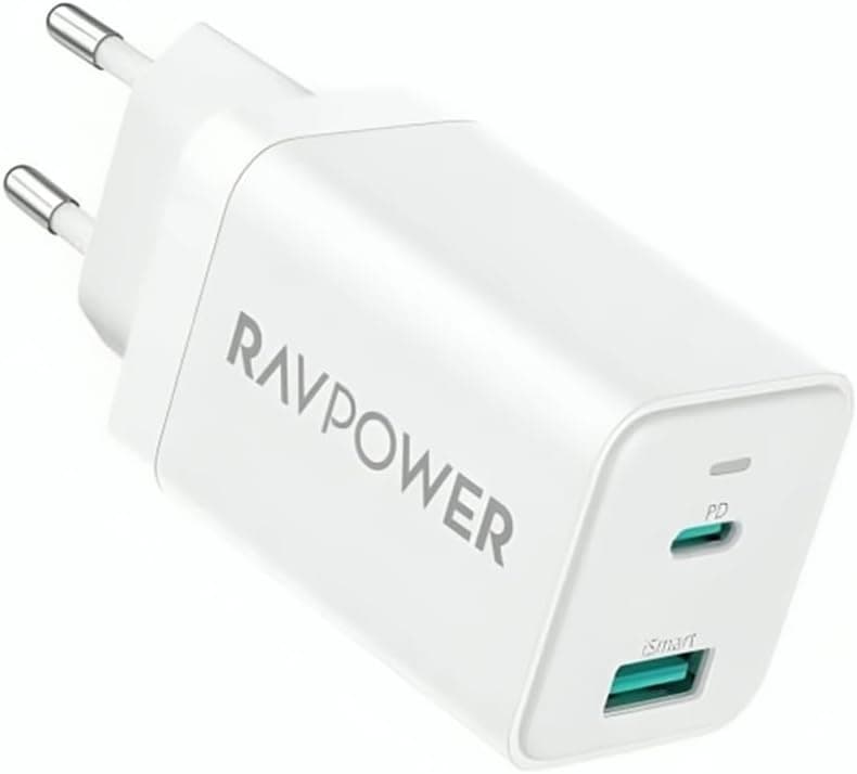 RavPower USB-A + USB-C Wall Charger, 45 Watt, 2 Ports, White - RP-PC171