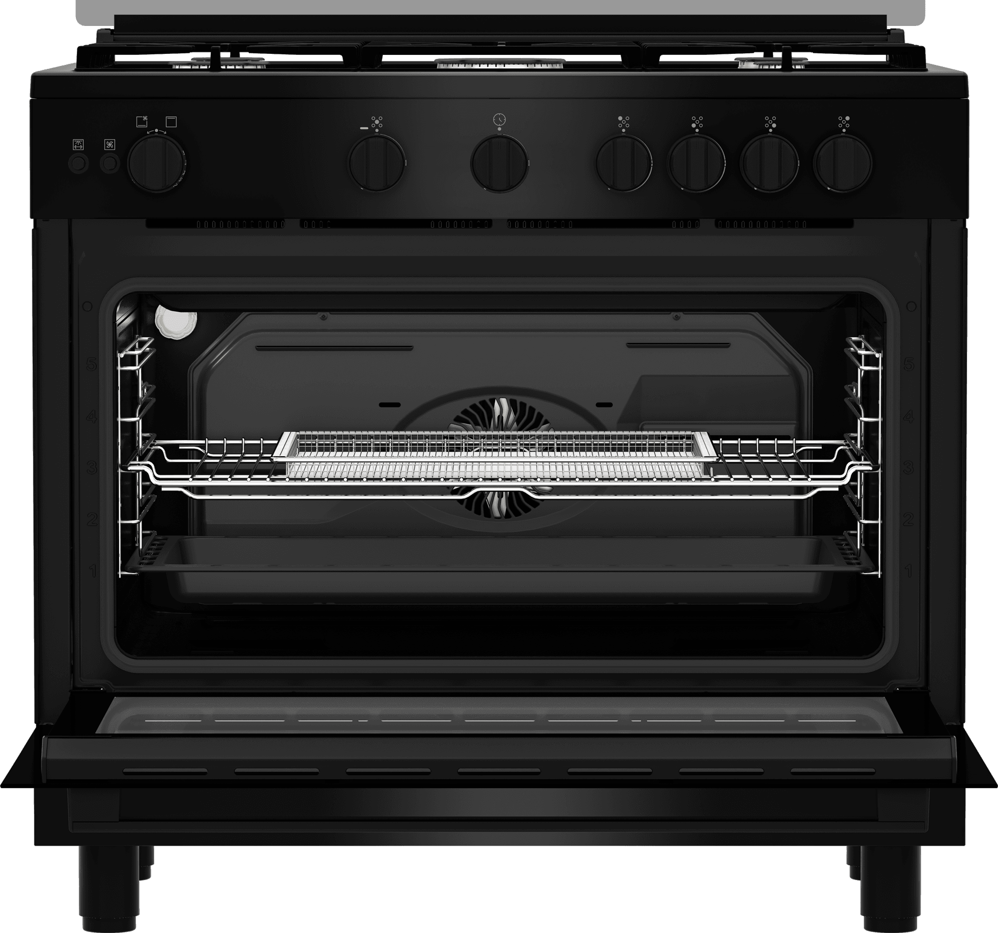Beko Gas Cooker, 5 Burners, 60x90 cm, Stainless Steel, 2 Fans, Cast Iron Grates, Safety Features, BGGR11125GB - Black Silver