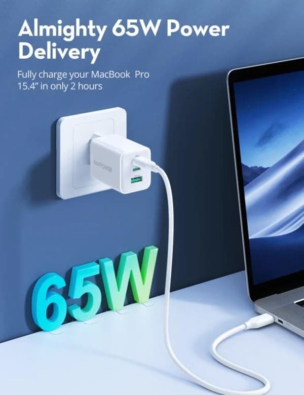 RavPower PD Pioneer Type-A + 2 Type-C Wall Charger 65 Watt, 3 Ports, White - RP-PC172