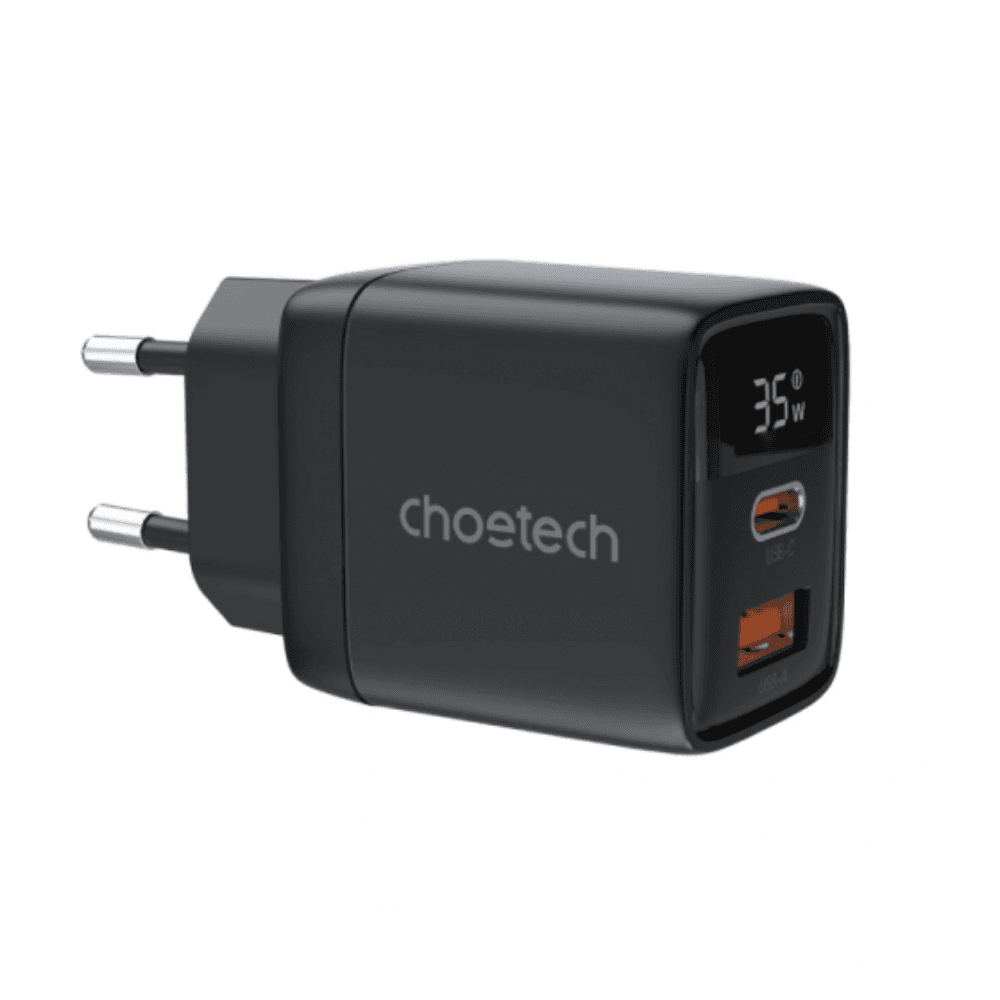 شاحن حائط تشوتيك PD6052 USB-C USB-A PD 35W GaN مع شاشة - أسود