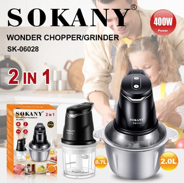 Sokany SK-06028 400W Electric Chopper with 2-Liter Capacity and Dual Jars, Silver