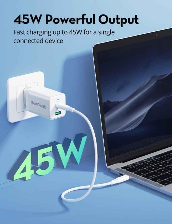 RavPower USB-A + USB-C Wall Charger, 45 Watt, 2 Ports, White - RP-PC171