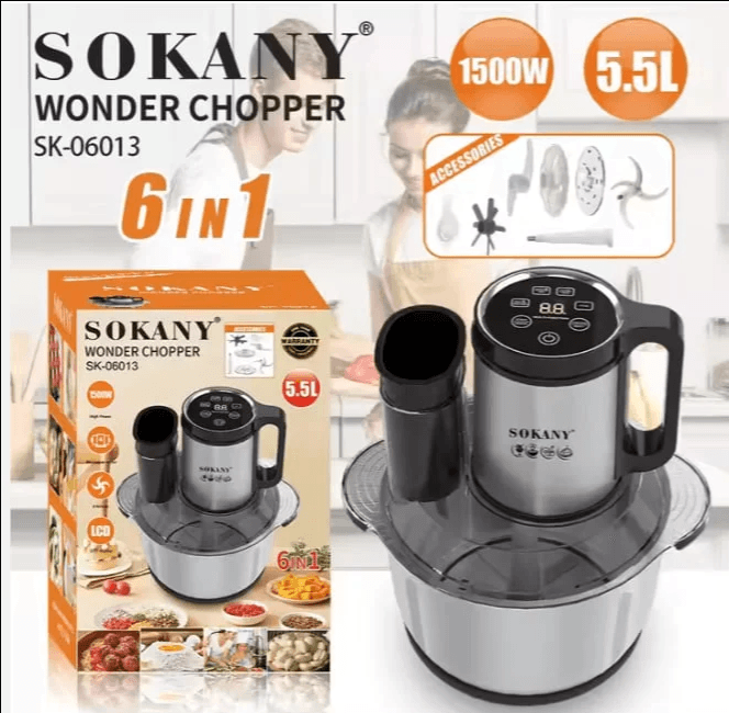 Sokany 6-in-1 Digital Stainless Steel Food Chopper, 5.5L, 1200W