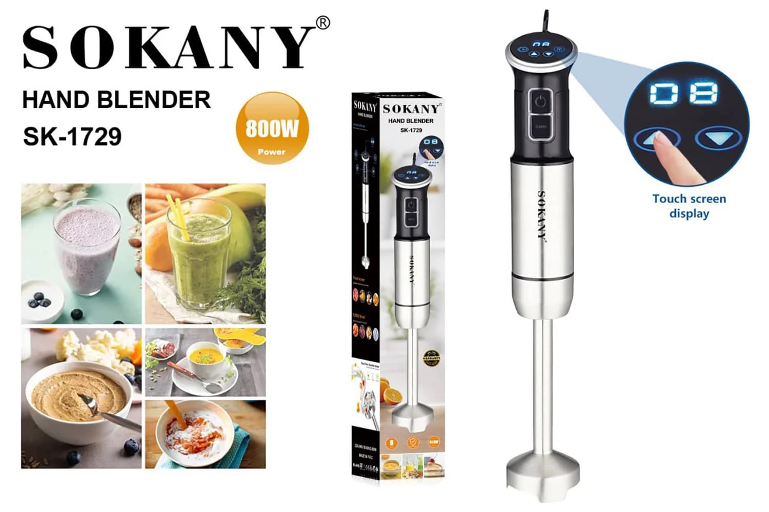 Sokany Digital Stainless Steel Hand Blender, 800W, Silver
