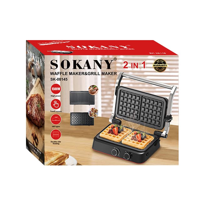 Sokany Waffle Sandwich Maker, 2*1, 1500 Watt - Black, SK-08145