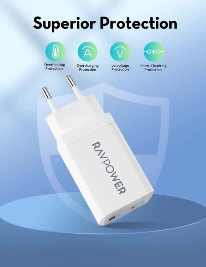 RavPower USB-A + USB-C Wall Charger, 45 Watt, 2 Ports, White - RP-PC171