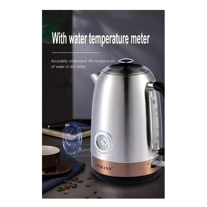 Sokany Stainless Steel Electric Kettle with Gauge, 1.7L, 2200W, Silver
