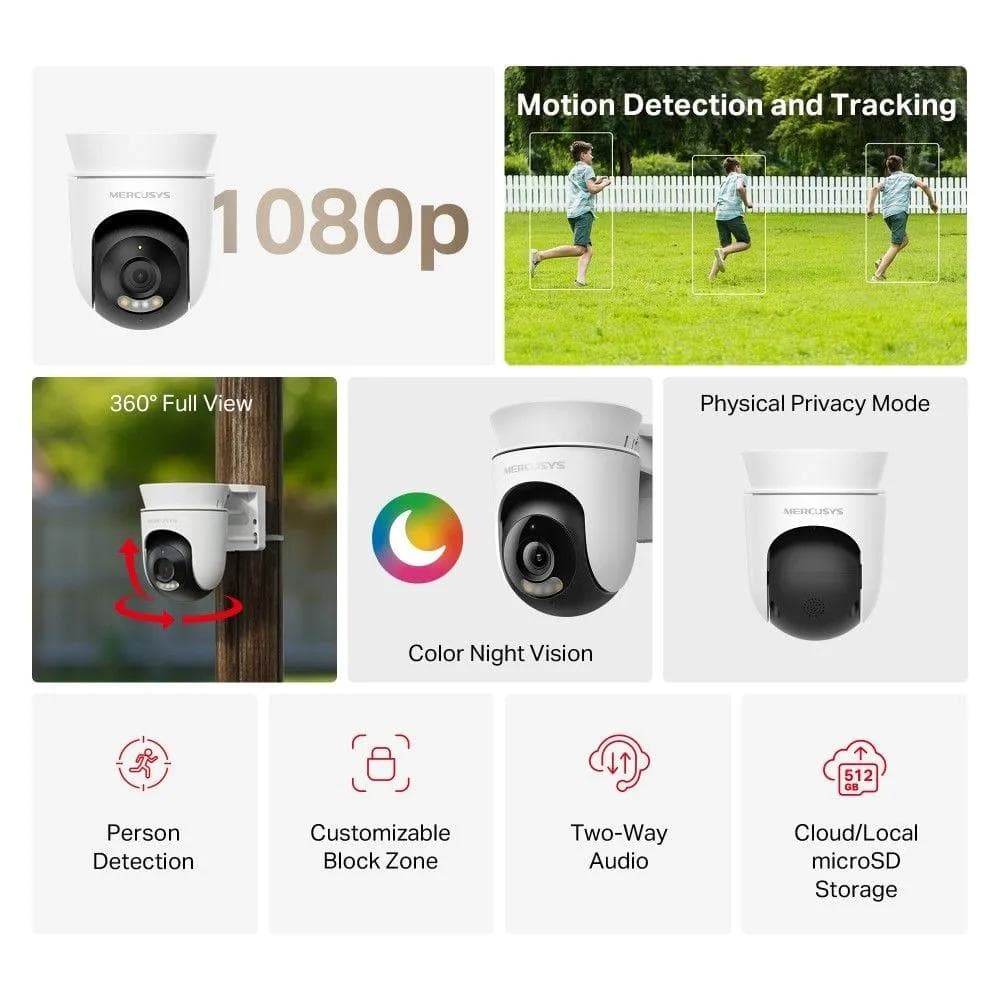 Mercusys Outdoor Pan/Tilt Security Camera, 1080 Pixels, White - MC500