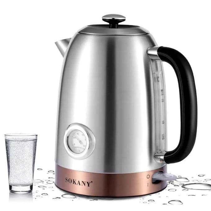 Sokany Stainless Steel Electric Kettle with Gauge, 1.7L, 2200W, Silver