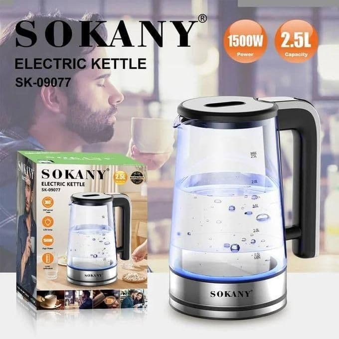 Sokany 1500W Transparent Glass Electric Kettle with 2.5 Liter Capacity