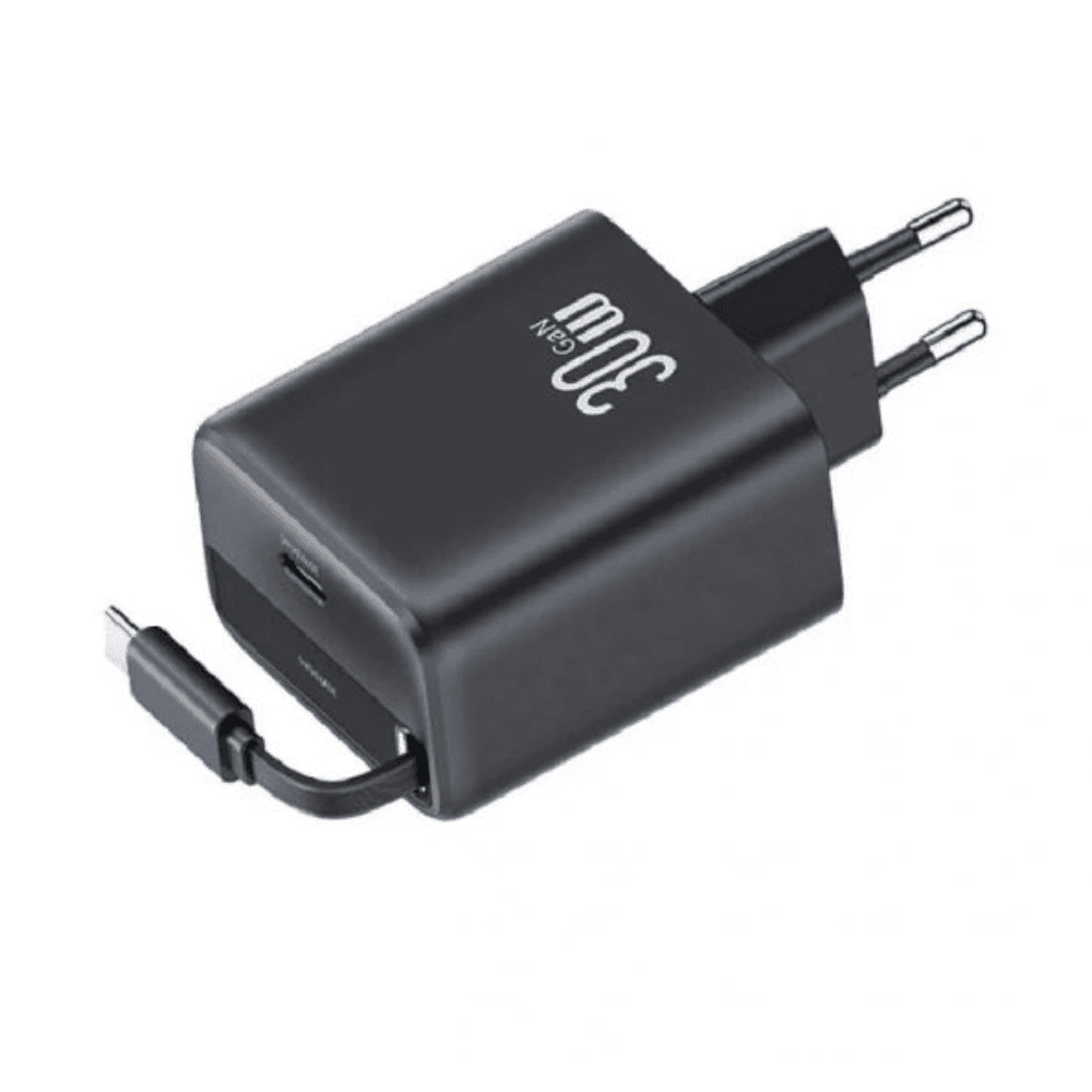 Usams CC241 Type-C Charger with Retractable Cable, 30W - Black