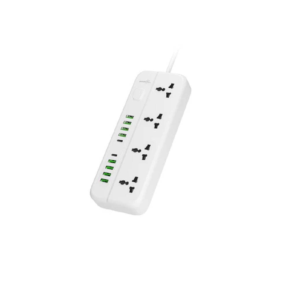 Porodo Blue 4 Universal Sockets Power Strip8 built-in USB A outputs and 2 USB C - White