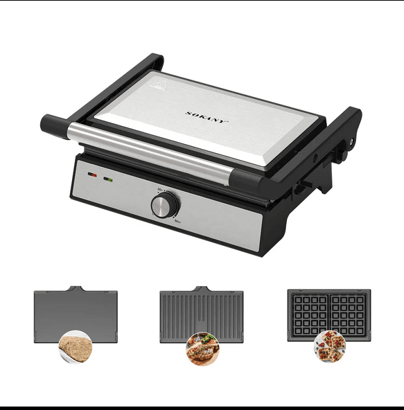 Sokany 3-in-1 Sandwich, Waffle, and Grill Maker, 1500W, Silver (SK-08092)