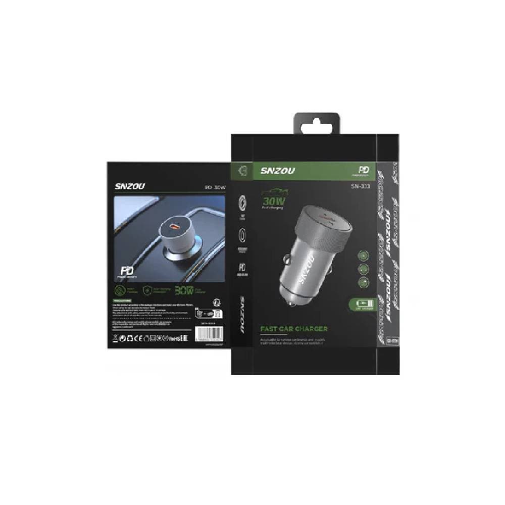 شاحن سيارة سنزو SN-333 PowerBoost بقوة 30 واط مع تقنية الشحن السريع PD - فضي