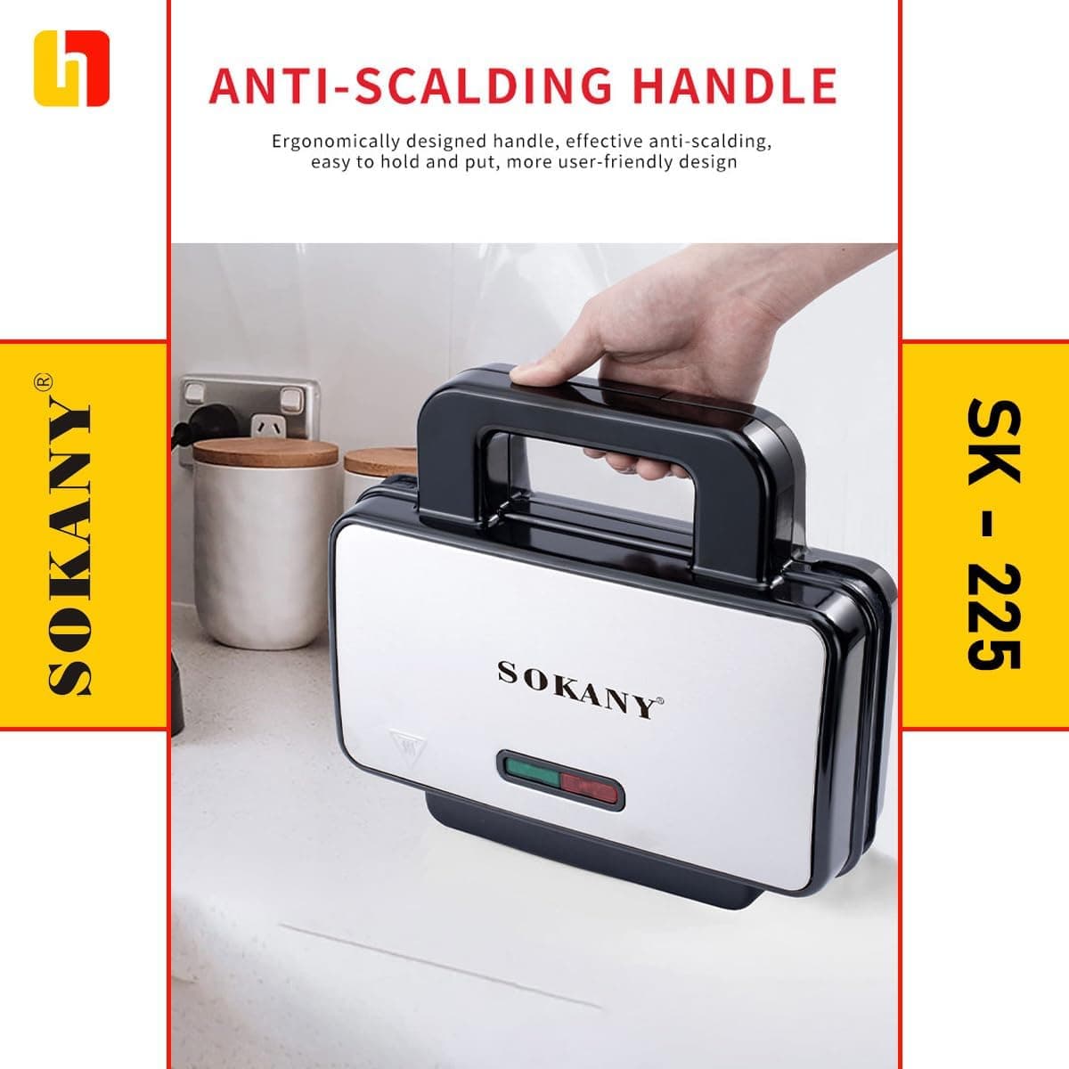 Sokany KJ-225 Waffle Maker, 1000W, Two-Slice, Silver and Black