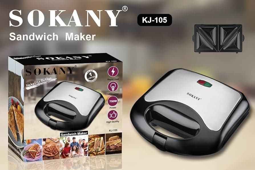 Sokany KJ-105 750W Sandwich Maker with Non-Stick Plates, Silver and Black