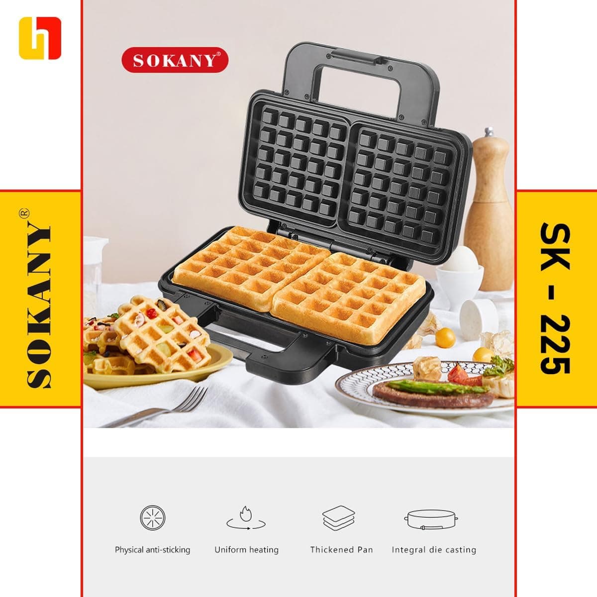 Sokany KJ-225 Waffle Maker, 1000W, Two-Slice, Silver and Black