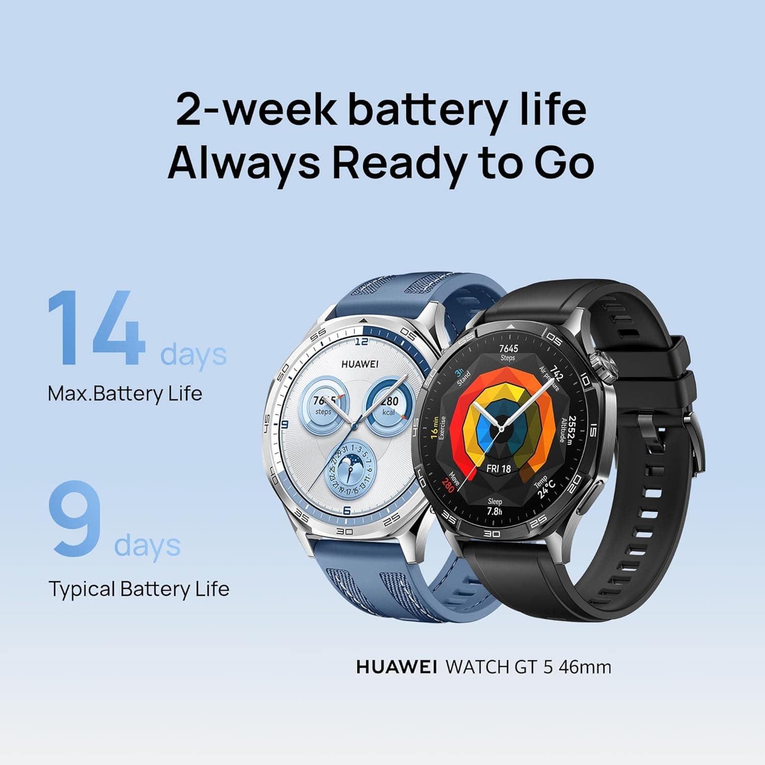 Huawei Watch GT 5 Smart Watch, 46mm, AMOLED Screen, Bluetooth, Water Resistant, Black Fluoroelastomer Strap, VLI-B19