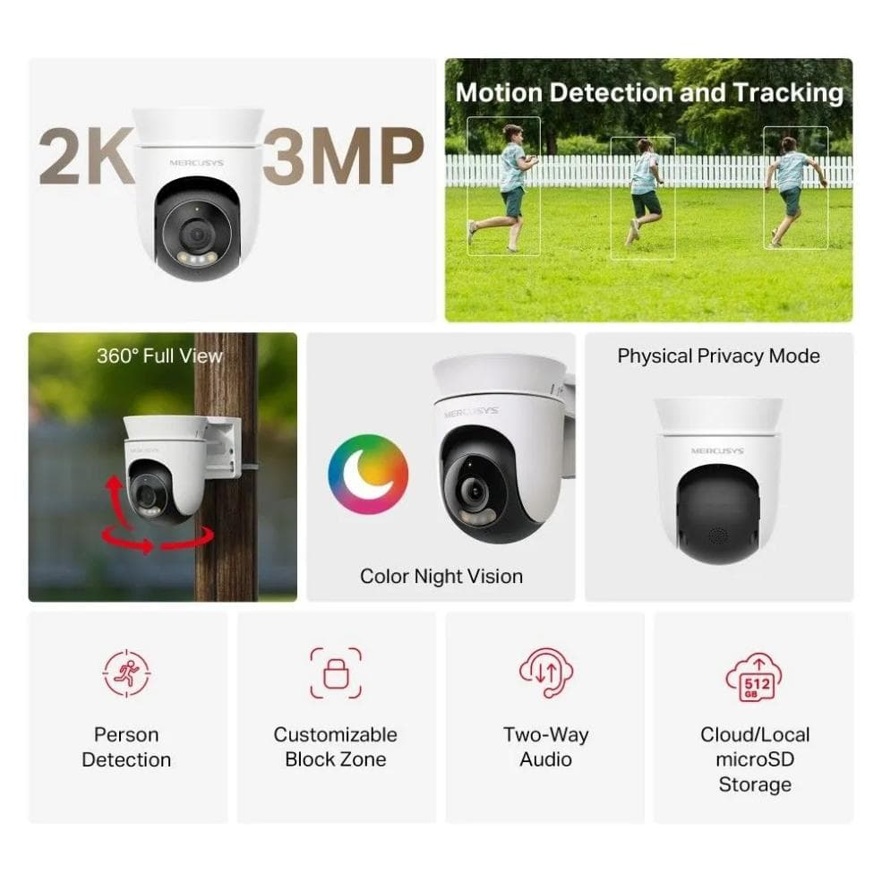Mercusys Outdoor Pan/Tilt Security Camera, 2K QHD, White - MC510