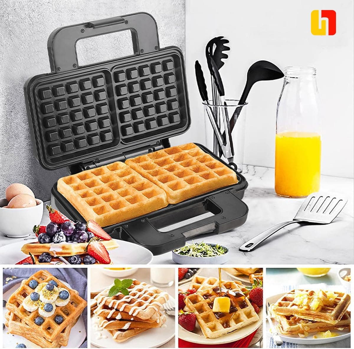 Sokany KJ-225 Waffle Maker, 1000W, Two-Slice, Silver and Black