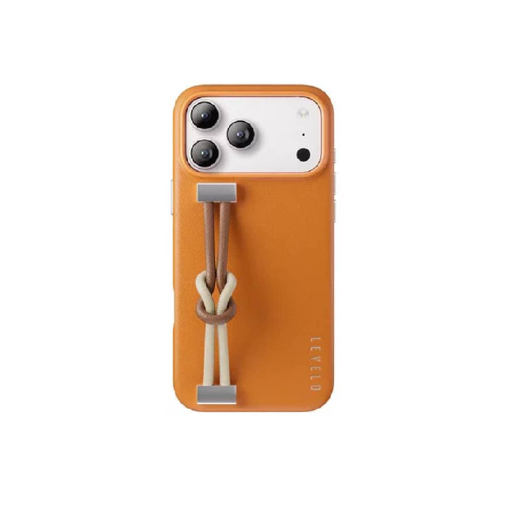 Levelo Case For iPhone 17 Pro Full-Wrap Leather, Wrist Strap- Orange