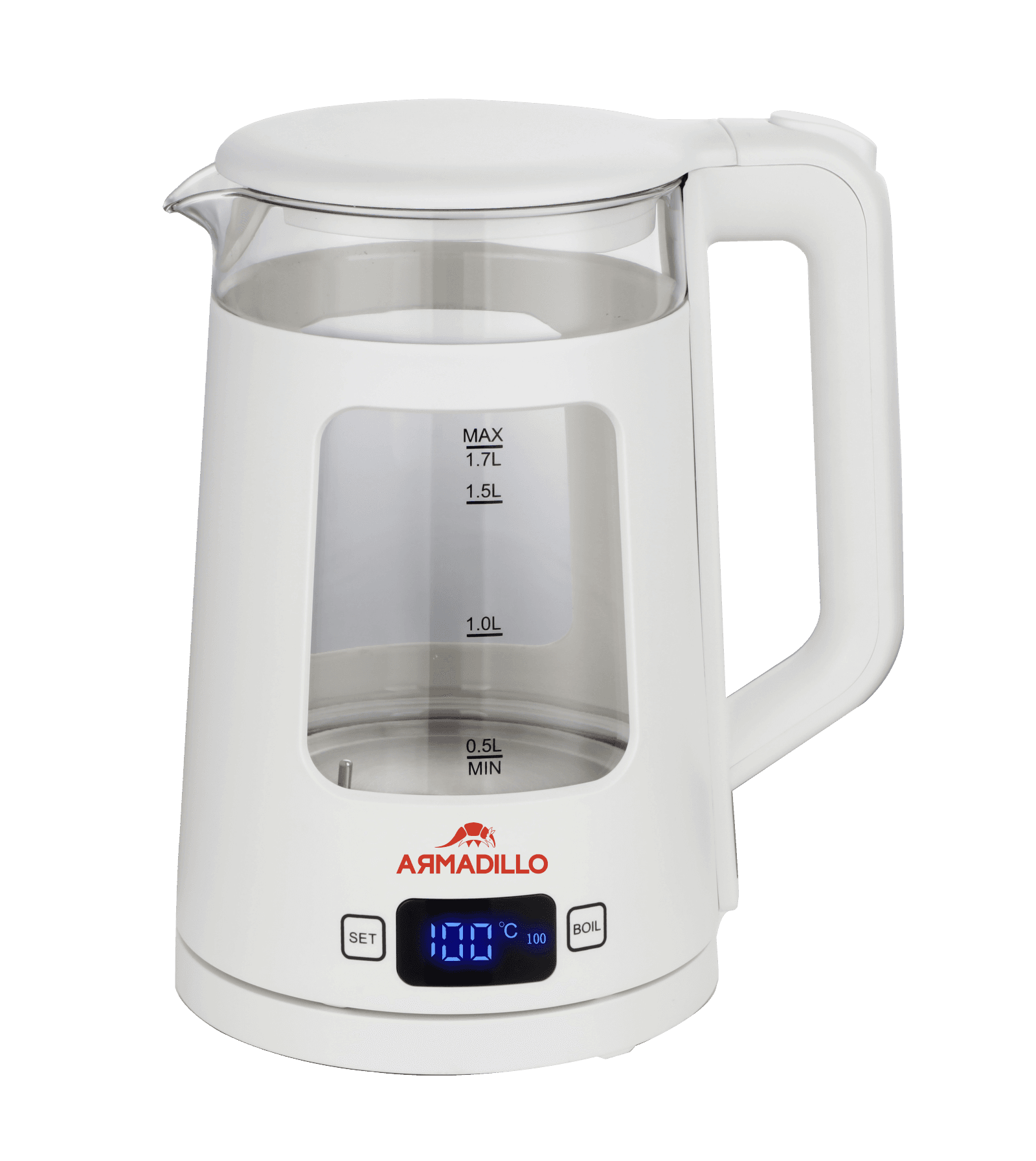 كاتيل كهربائي ارماديللو، ديجيتال، زجاج، 1.7 لتر، 2200 وات، ابيض - ARM-SDA-KTL-WH-0001