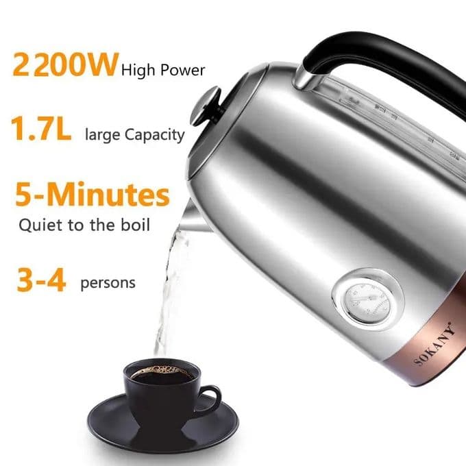 Sokany Stainless Steel Electric Kettle with Gauge, 1.7L, 2200W, Silver