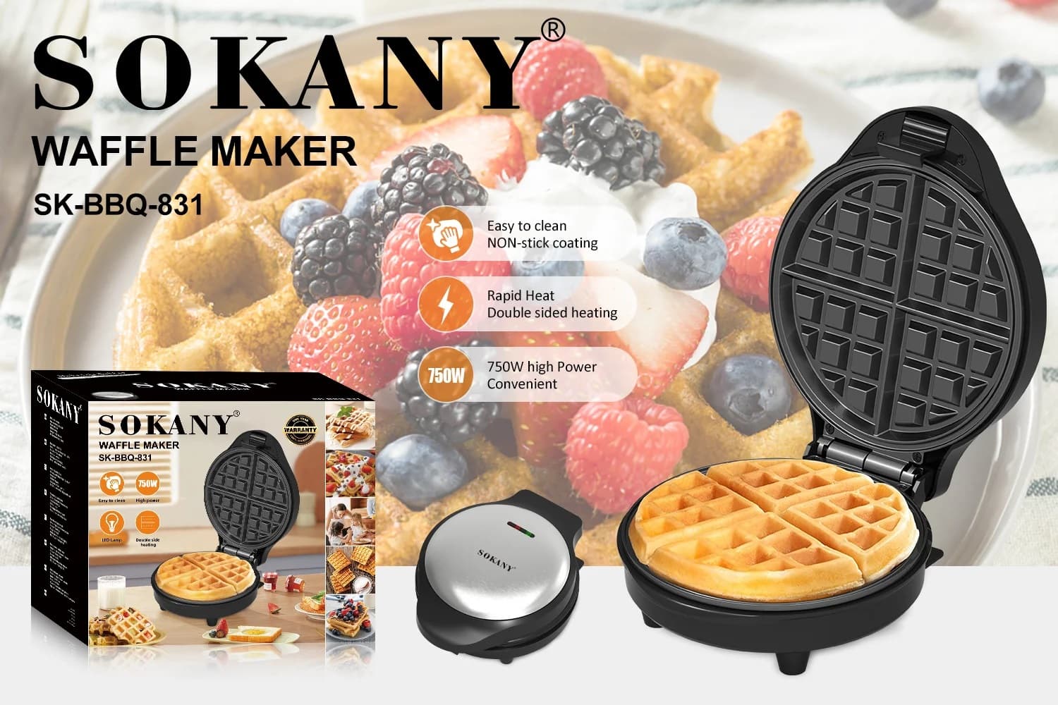 Sokany Waffle Maker, 750 Watt, Silver, Model SK-BBQ-831