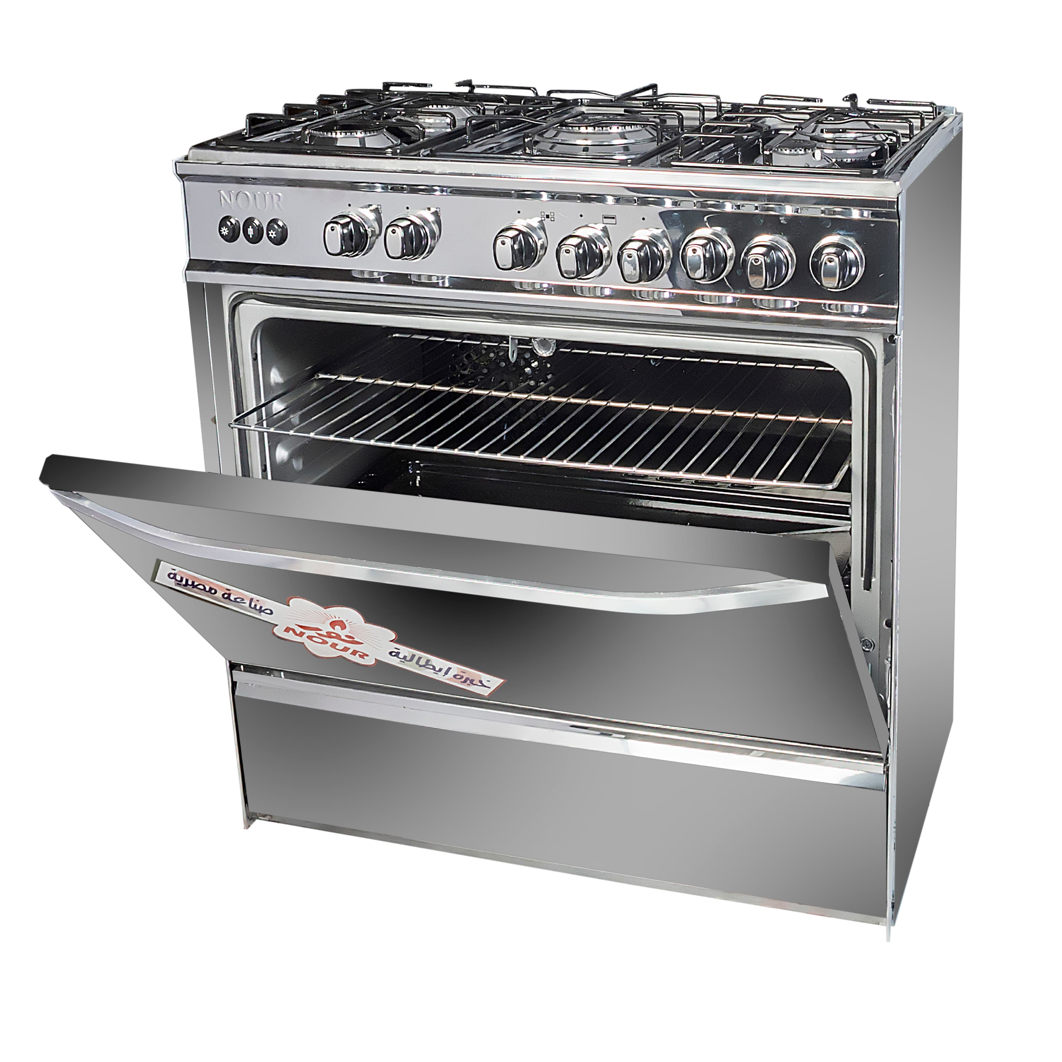 Nour Cooker, Full Stainless Steel, 5 Burners, Self Ignition, Timer, 60x80 - Silver
