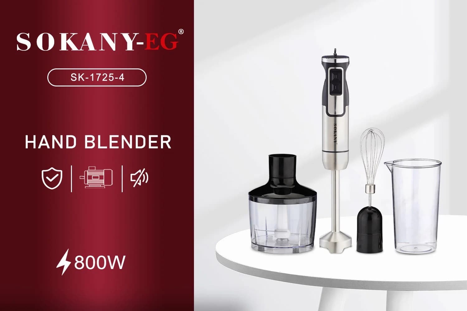 Sokany 4-in-1 800W Stainless Steel Hand Blender Set, Black