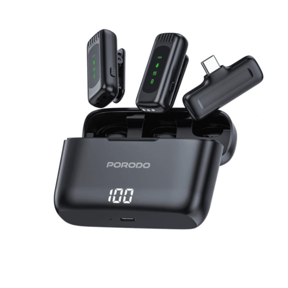 Porodo Lavalier Double Microphone with Charging Case - Black