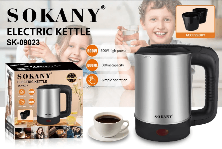 Sokany stainless steel kettle, 600 ml, 600 watt - silver