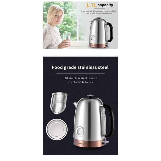 Sokany Stainless Steel Electric Kettle with Gauge, 1.7L, 2200W, Silver