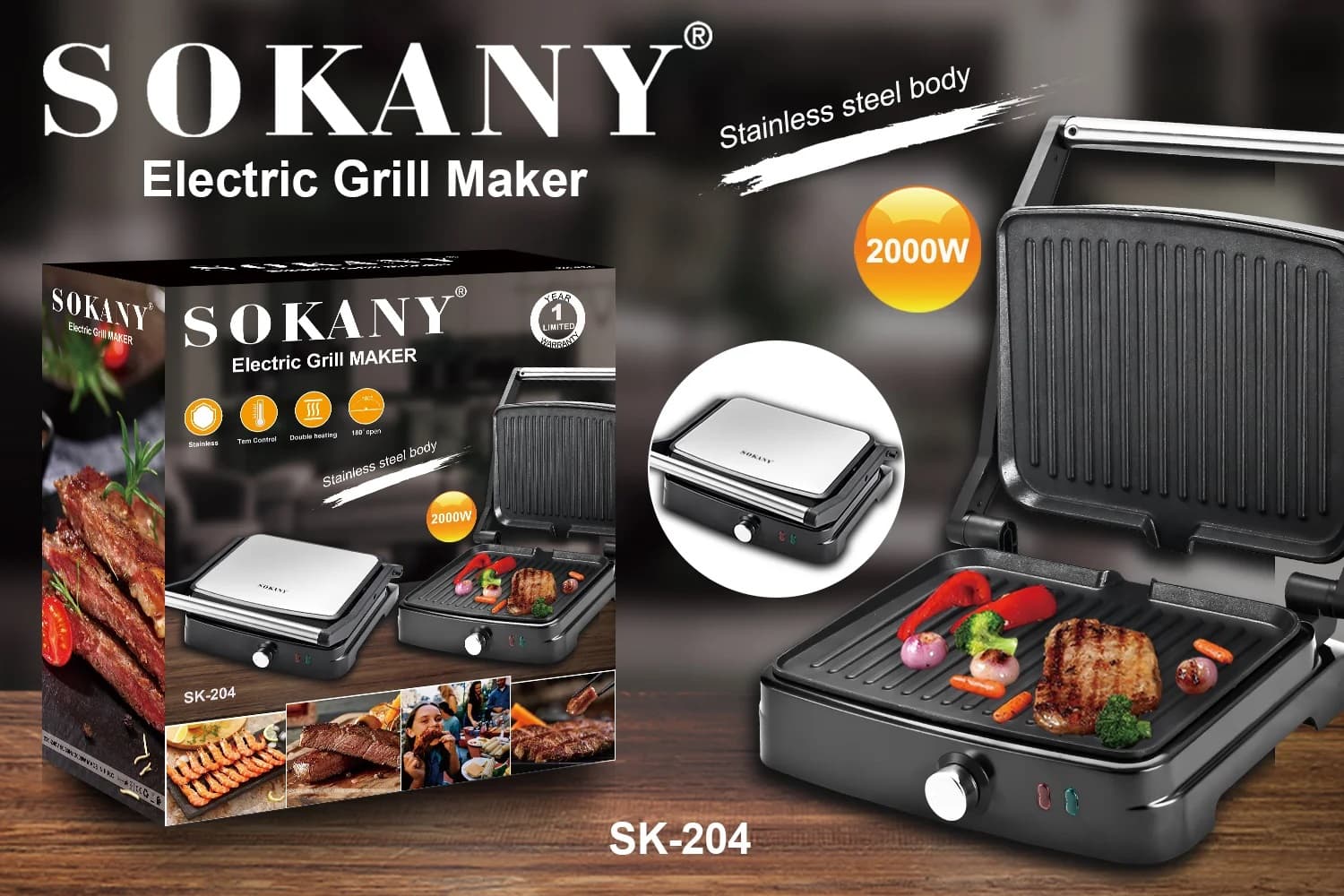 Sokany Multi-functional Electric Grill and Griddle, 2000W, Silver