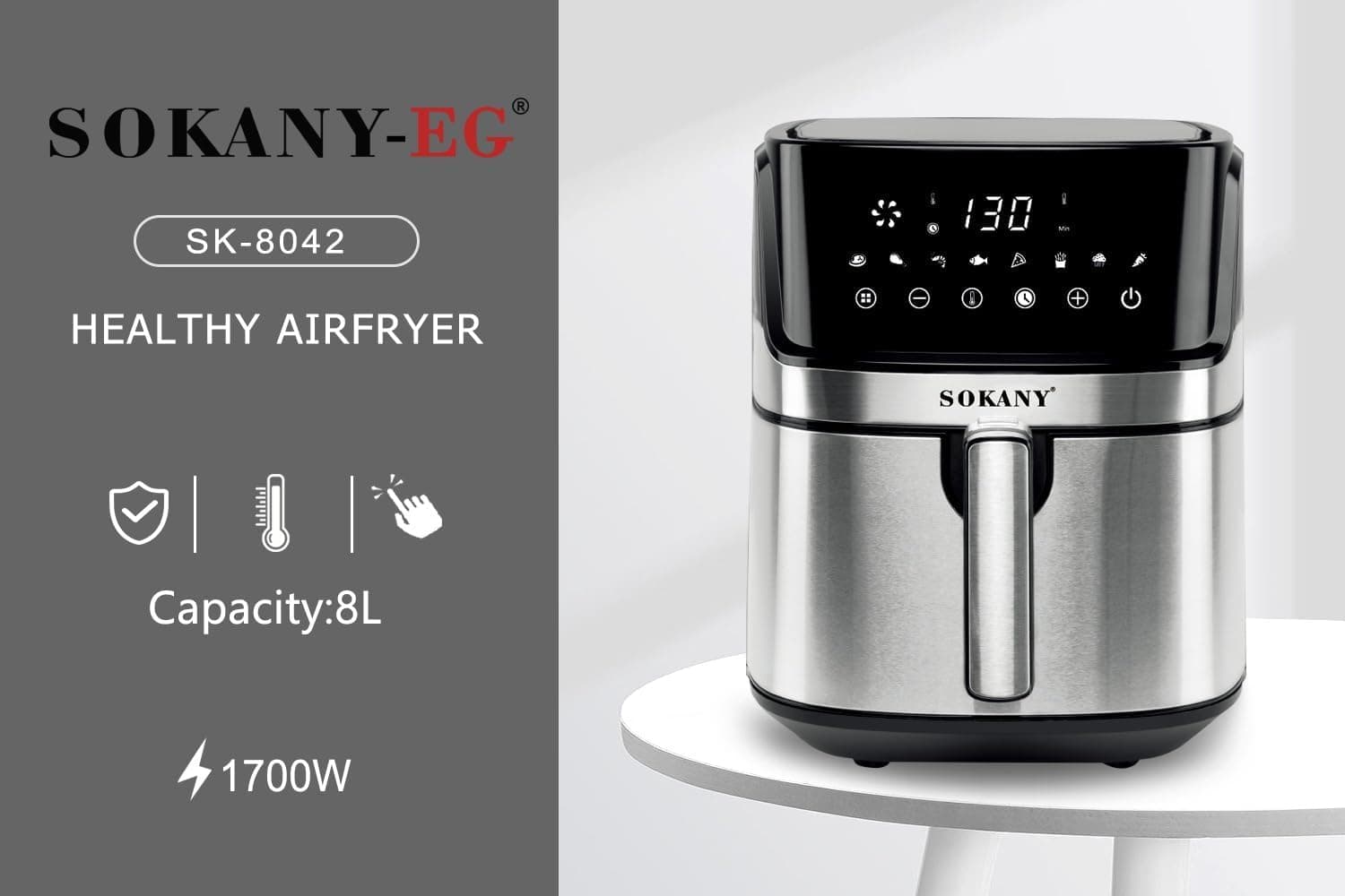 Sokany Air Fryer, 1700 Watt, 8 Liter - Silver, SK-8042