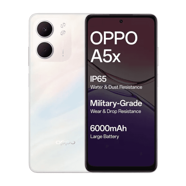 أوبو A5x ثنائي الشريحة، 128 جيجابايت، 4 جيجابايت رام، شبكة الجيل الرابع - أبيض ليزر