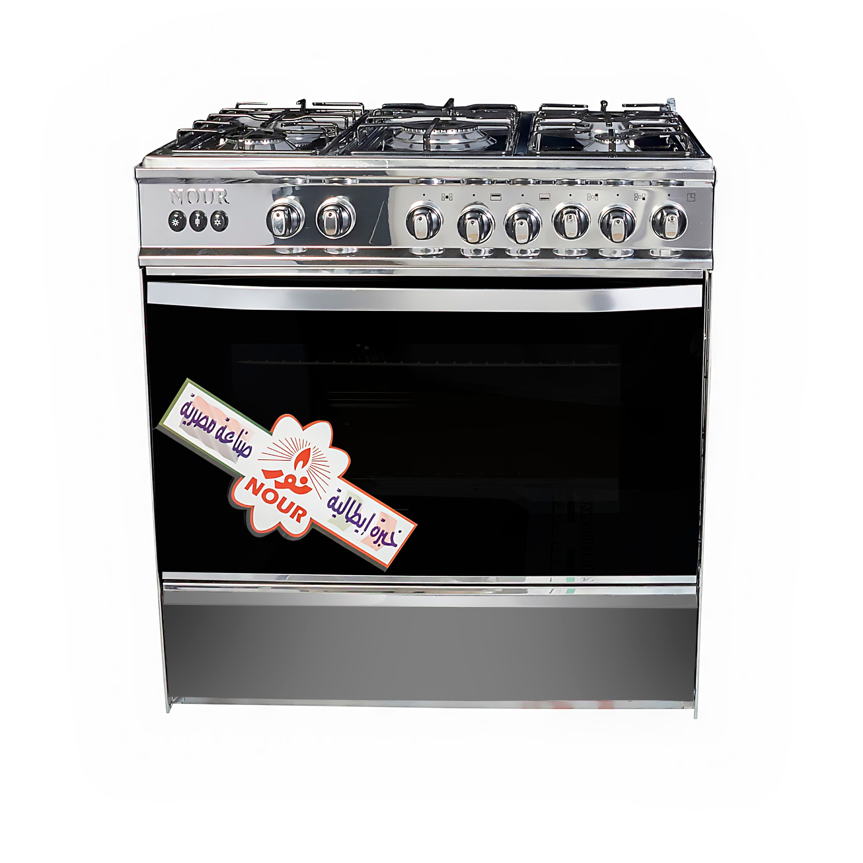 بوتاجاز نور، ستانلس ستيل بالكامل، 5 شعلات، إشعال ذاتي، مؤقت، 60×80 – فضي